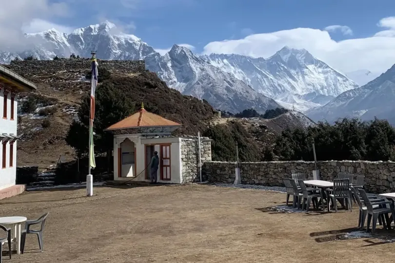 Snow-capped Himalayan mountains seen from the Everest Base Camp trail in April.