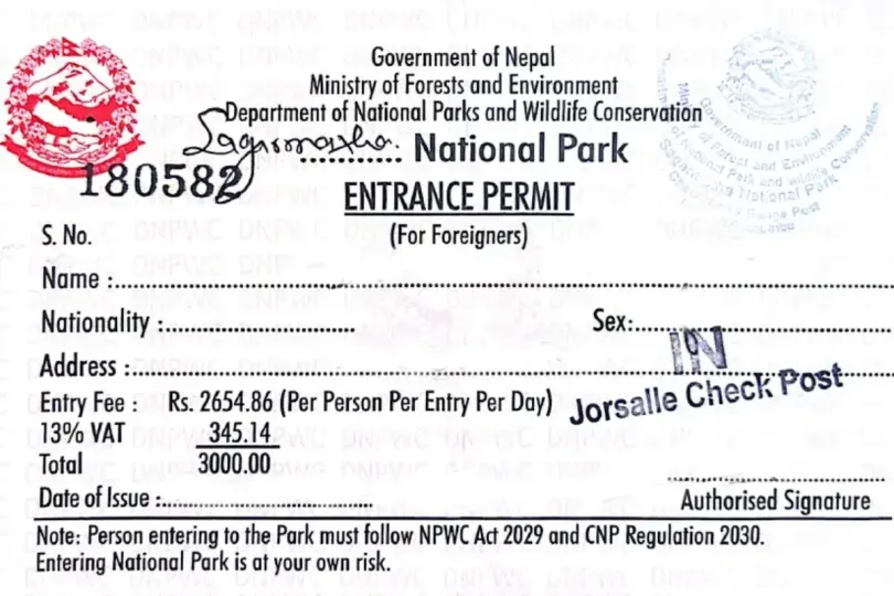 Sagarmatha National Park entrance permit for Everest Base Camp Trek