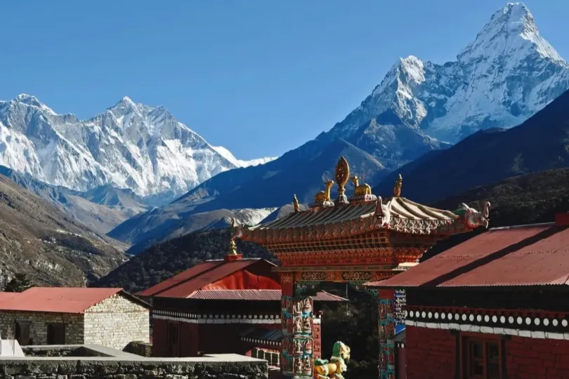 Tengboche village with monastery and Himalayan peaks