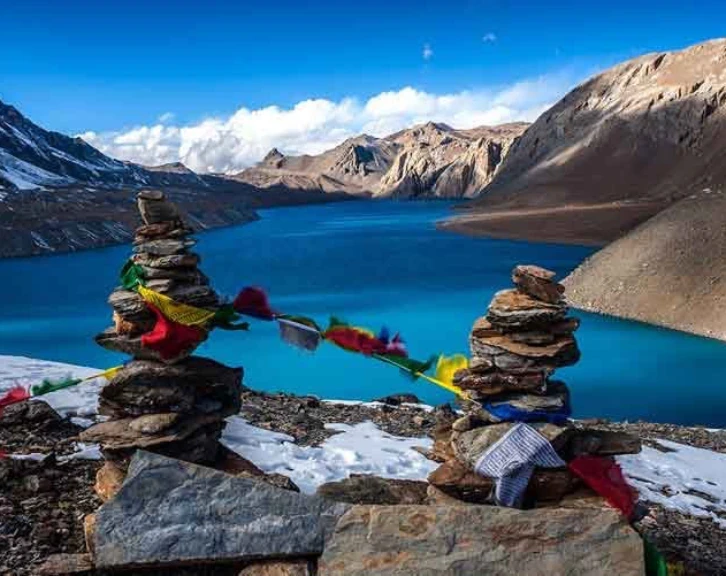 Turquoise glacial lake surrounded by rugged Himalayan mountains, with colorful Tibetan prayer flags and stone cairns overlooking the shoreline, creating a peaceful high-altitude landscape.