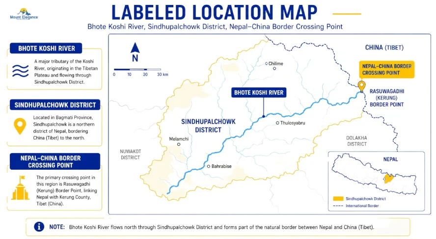 Map showing the Bhote Koshi River and Sindhupalchowk district on the Nepal-China border