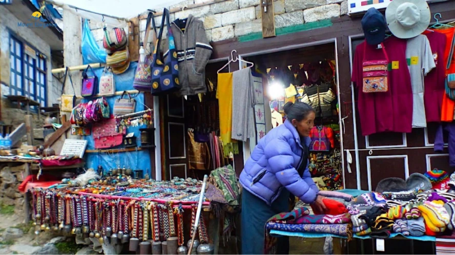 Rows of lodges and trekking shops in Namche Bazaar, illustrating the town's growth as a tourism hub.