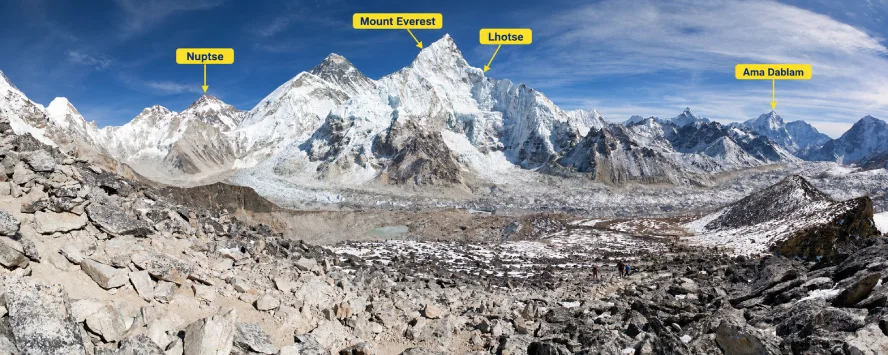 Clear February view of Mount Everest, Lhotse, Nuptse, and Ama Dablam.
