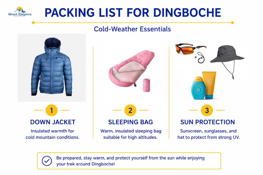 Flat-lay of cold-weather trekking gear recommended for Dingboche: down jacket, sleeping bag, and sun protection