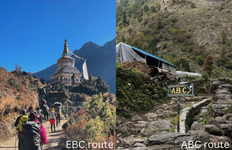 Comparison of the Everest Base Camp (EBC) and Annapurna Base Camp (ABC) trekking routes in Nepal after Flood.