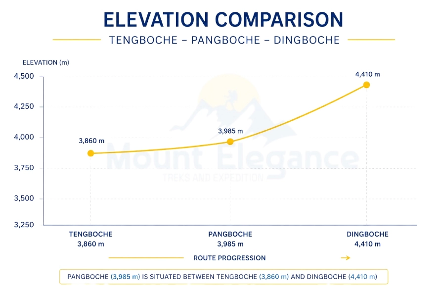Elevation chart showing Pangboche at 3,985 metres between Tengboche and Dingboche