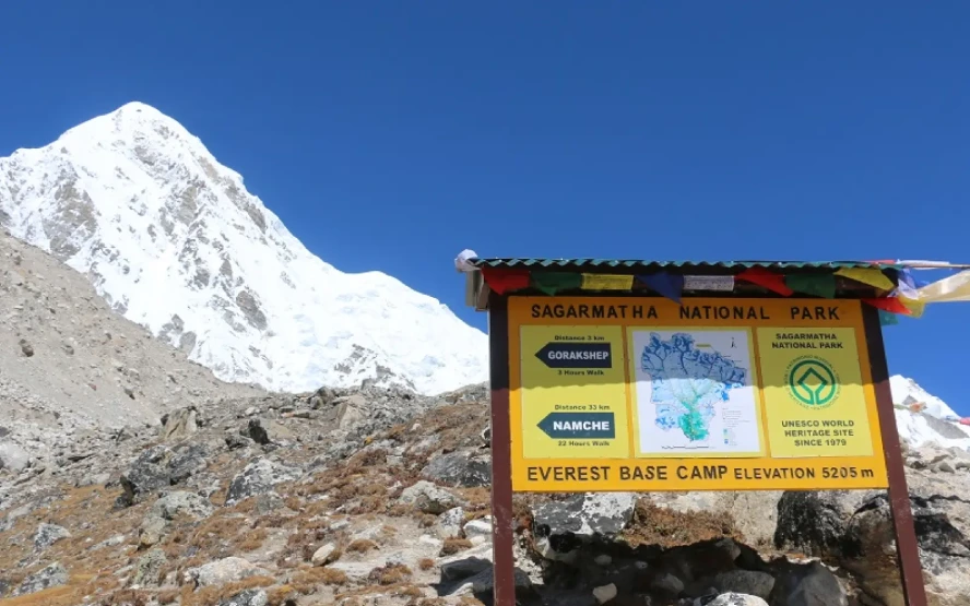 Sagarmatha National Park sign at Everest Base Camp in the Himalayas