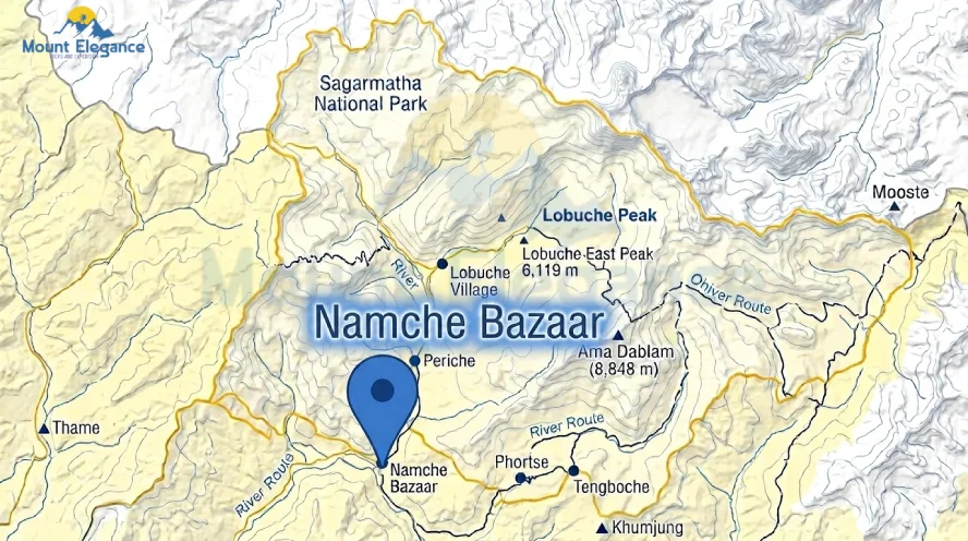 Map showing Namche Bazaar's location in the Khumbu region of Solukhumbu District, Nepal, relative to Kathmandu and Lukla.
