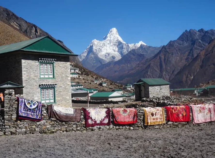 Himalayan village with traditional stone houses and mountain views on the Everest Base Camp trek.