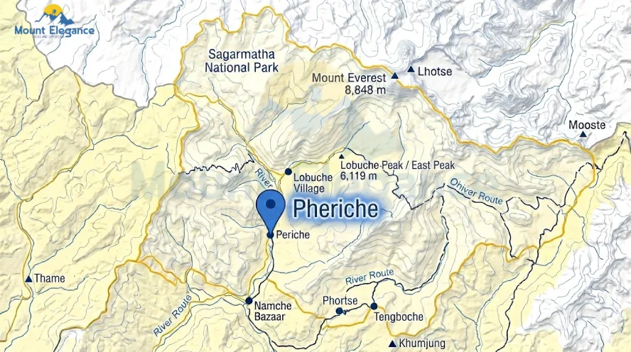 Map showing Pheriche's location in Sagarmatha National Park, Khumbu region, Nepal