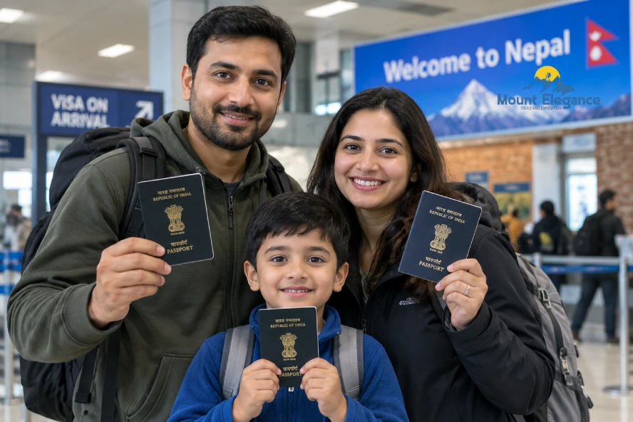 Family with passports at Nepal airport