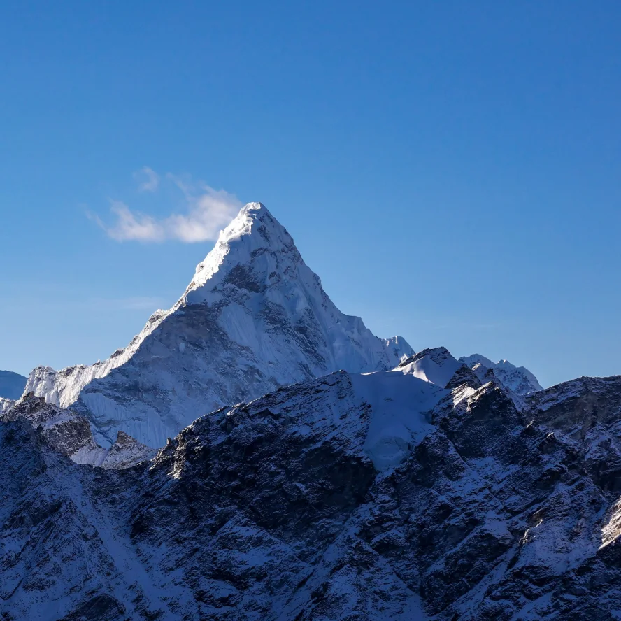 Snow-covered Kala Patthar mountain landscape in the Everest region of Nepal.