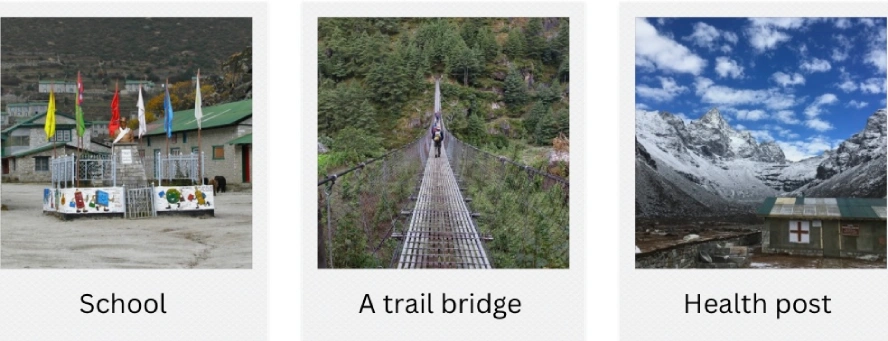 School, suspension bridge, and health post along the Khumbu trekking route in Nepal
