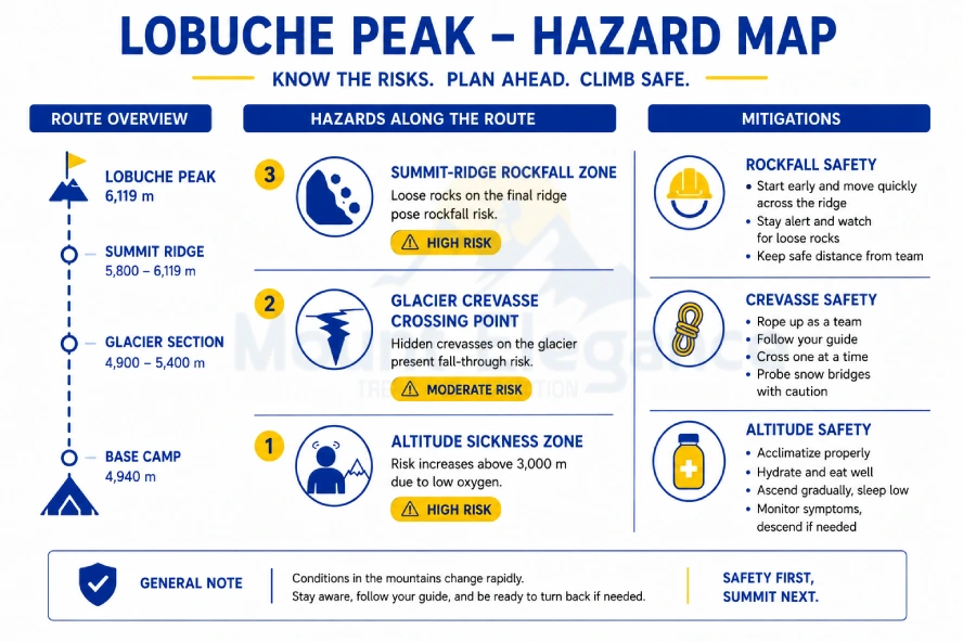 Diagram marking Lobuche Peak's main hazards — altitude sickness, glacier crevasses, and summit-ridge rockfall — alongside their mitigations