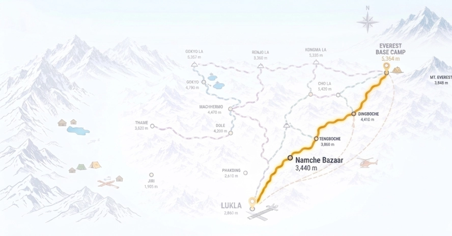 Route map of the Lobuche Peak climbing itinerary from Lukla through Namche Bazaar, Tengboche, Dingboche, Lobuche, Base Camp, High Camp, and summit