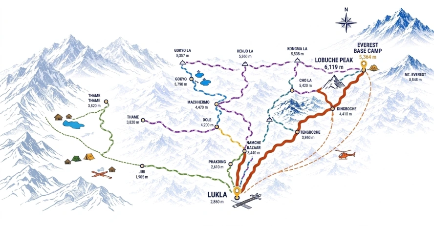 Map of the Everest Base Camp Trek Route from Lukla to Lobuche village showing the branch point for Lobuche Peak climbing