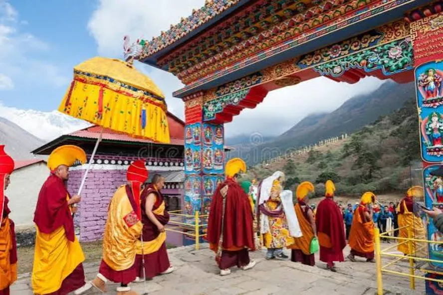 Buddhist monks taking part in a festival at a Himalayan monastery in Nepal in May