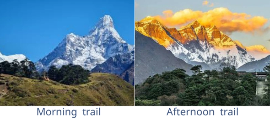 Morning and afternoon mountain weather conditions on the Everest Base Camp Trek in May.