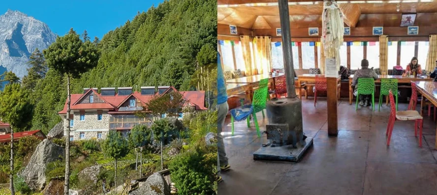 Interior of a family-run teahouse in Pangboche with dining hall and wood stove