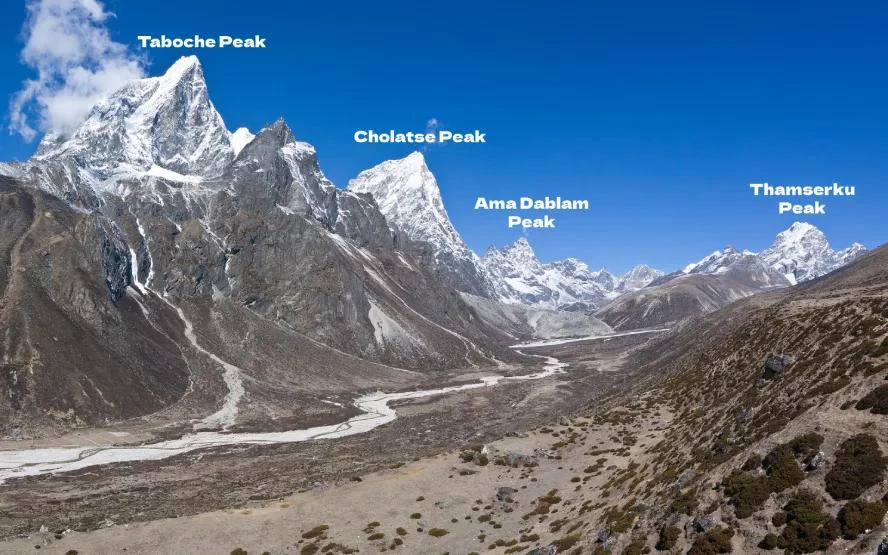 Labelled mountain panorama from the Pheriche ridge hike showing Ama Dablam, Taboche, Cholatse, and Thamserku