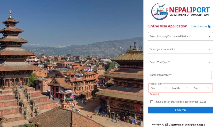 Nepal online visa application portal with Kathmandu city view