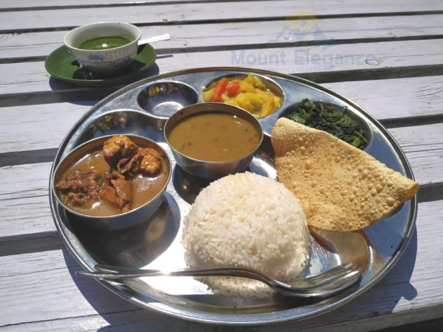 A plate of dal bhat served at a teahouse in Dingboche