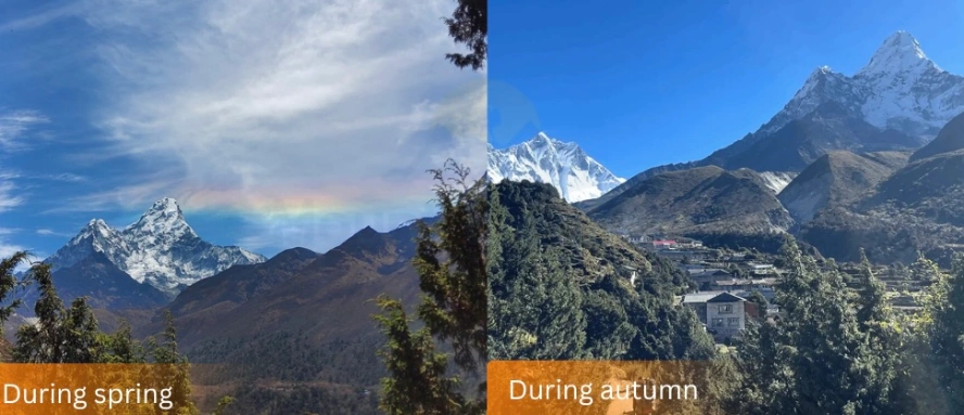 Side-by-side comparison of Pangboche in spring bloom and clear autumn conditions