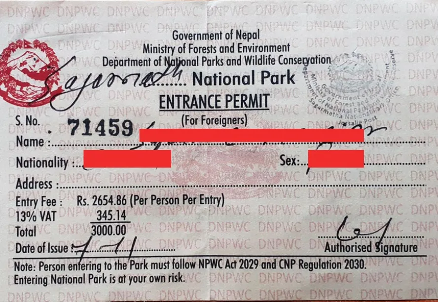 Sagarmatha National Park entrance permit for Everest Base Camp Trek