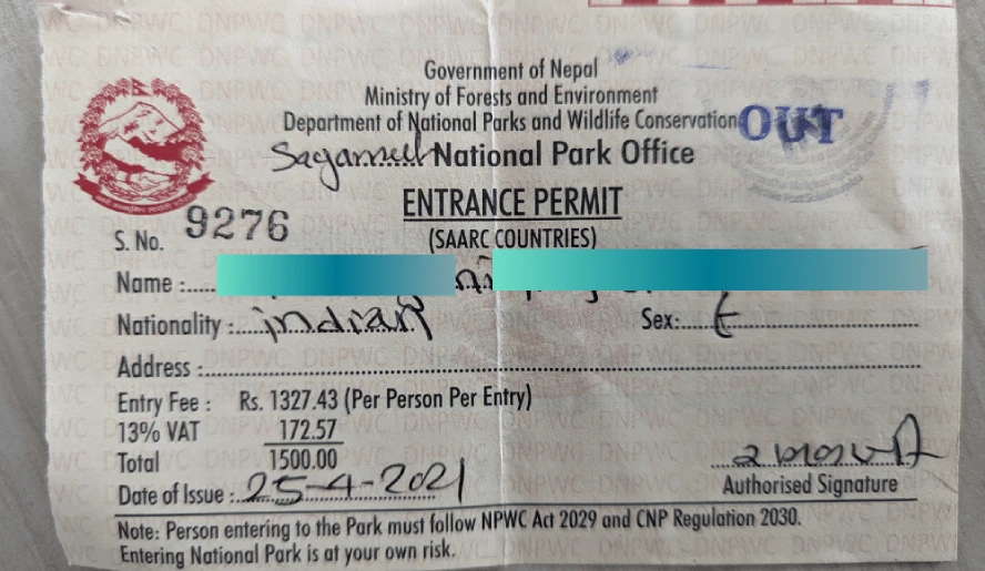 Sagarmatha National Park entry permit for EBC Trek