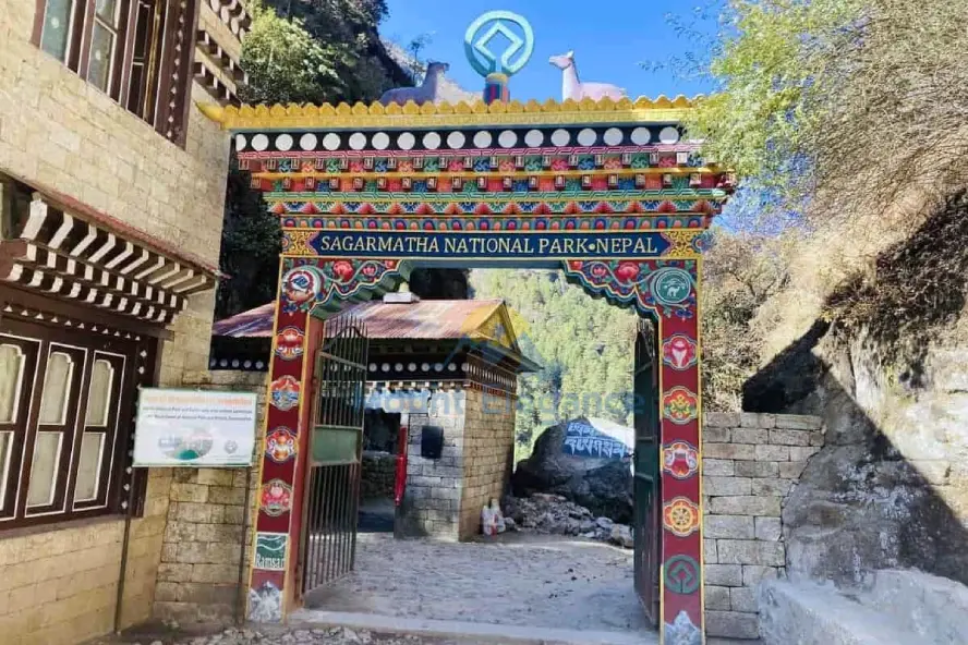 Sagarmatha National Park entrance gate near Monjo, Nepal.