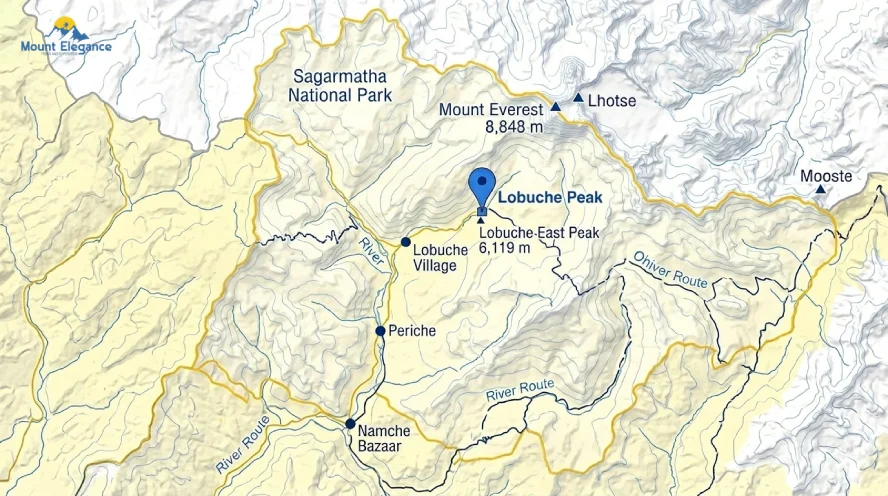 Map showing Lobuche Peak's location in Solukhumbu District near Lobuche village and Mount Everest