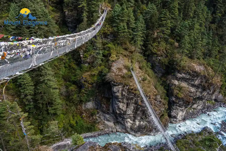 Hillary Suspension Bridge over a river gorge between Phakding and Namche Bazaar