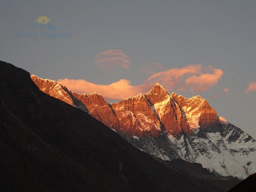 Sunset light on Ama Dablam as seen from Dingboche village