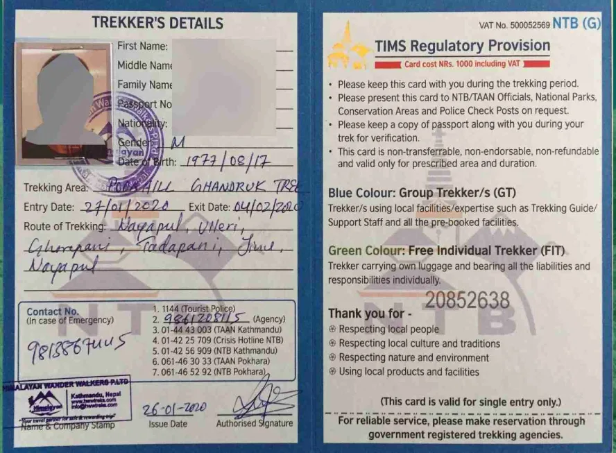 TIMS trekking permit card for Nepal trek