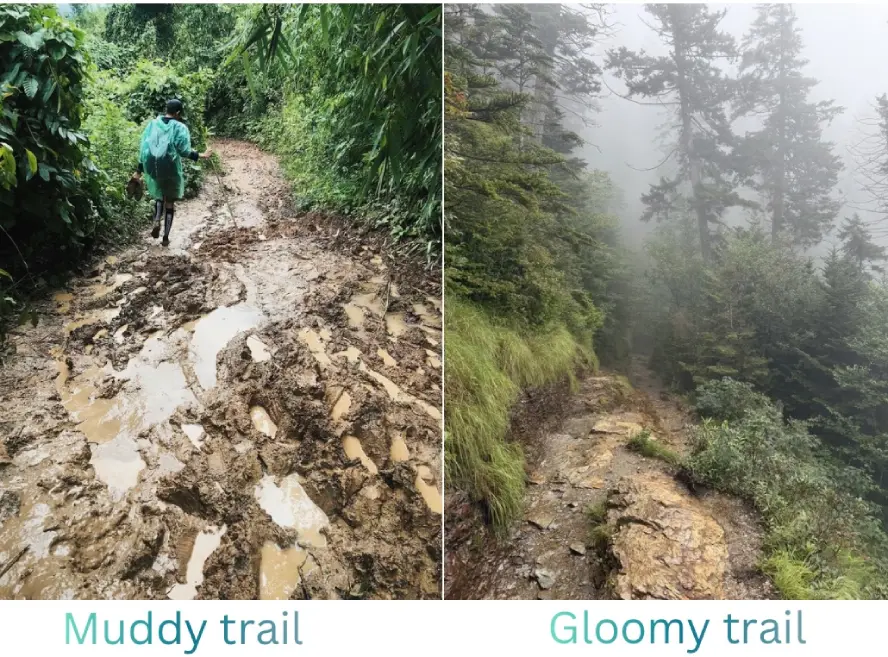 Muddy and foggy trail conditions during the worst time to trek Everest Base Camp